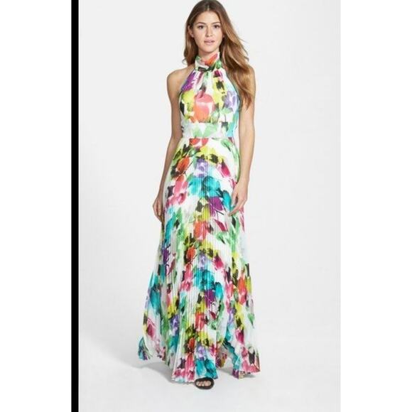 ELIZA J Maxi Dress Floral Print Watercolor Plisse Pleated Halter Smocked Chiffon - Picture 1 of 10